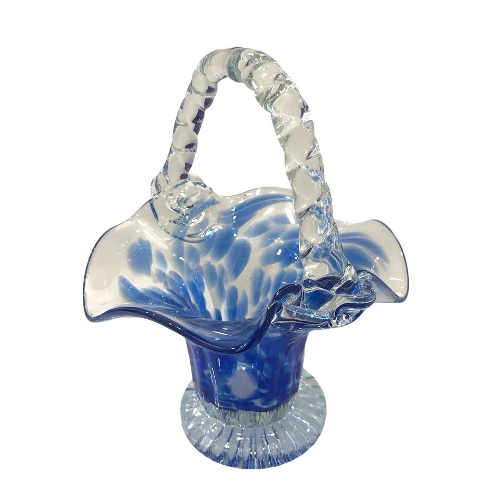 BLUE & CLEAR GLASS BASKET WITH RUFFLED WAVY EDGES